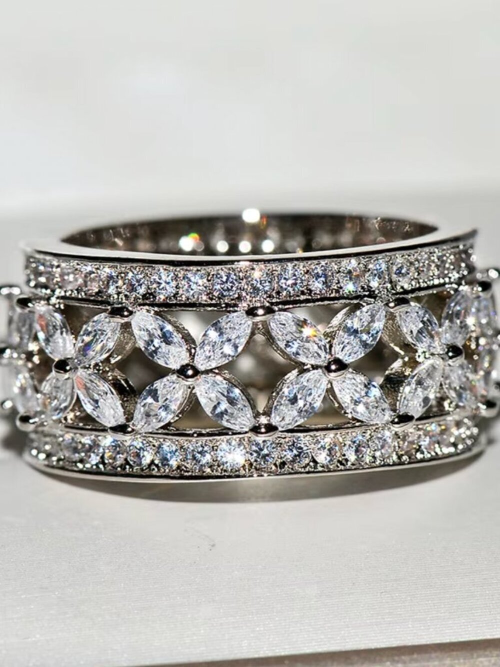 NEW 18k White Gold Flower Cut Diamond Ring Band Sterling Silver Eternity Ring